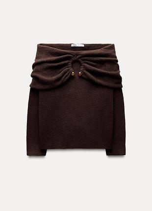 Коричневий трикотажний светр із відкритими плечами від zara