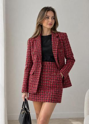 Жіночий твідовий костюм m&s піджак і спідниця клітинка бордовий розмір m