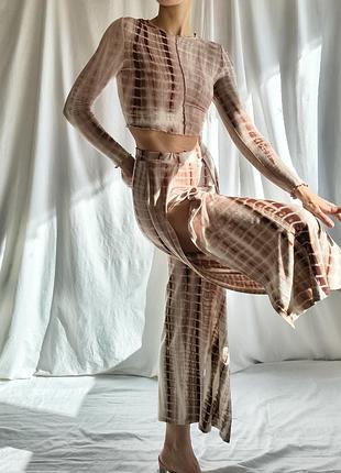 Костюм комплект вискоза для танцев зала йоги степ аэробики тай дай tie dye лонгслив штаны клёш клеша с разрезами лосины палаццо