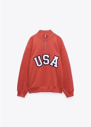 Світшот жіночий zara на замку з написом usa, червоний