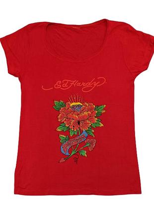 Червона футболка ed hardy з півонією та стразами вінтажна приталена рок футболка don ed hardy тату принт красная футболка y2k mcbling s m 34 36
