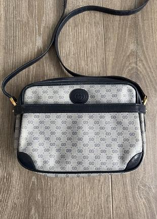 Сумка gucci gg 80's vintage coated canvas navy leather crossbody shoulder bag monogram