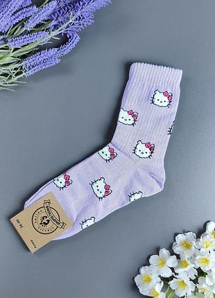 Женские высокие сиреневые носки в рубчик из хелло котти носокфф (hello kitty / котики), р. 36-40 (1 пара)