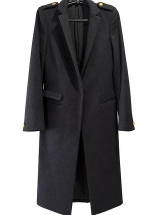 Allsaints — чорне приталене довге пальто з лацканами, погонами та золотистими ґудзиками