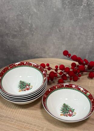 Набор новогодних суповых тарелок yiwu christmas фарфоровых 6 шт 18 см красный hp-sdhk-26