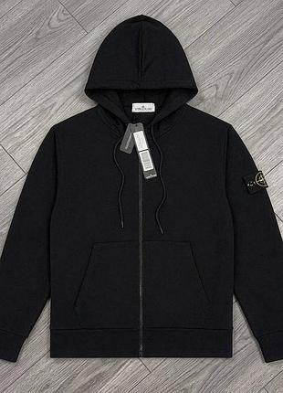Чоловіча чорна зіп-худі stone island | спортивна кофта стоун айленд з капюшоном | чорна толстовка на блискавці⁠