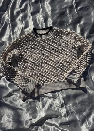 Стильний фактурний светр zara молочного кольору з контрастною горловиною (xs/ 11-12 років, 152 см)