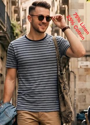 Льняная футболка серого цвета в полоску с добавлением хлопка zara man made in portugal
