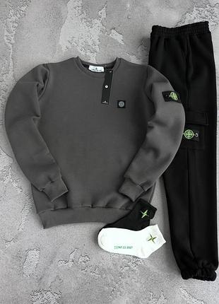 Зимний мужской спортивный костюм stone island серый на флисе с патчем зима xs / s / m / l / xl / xxl / xxxl