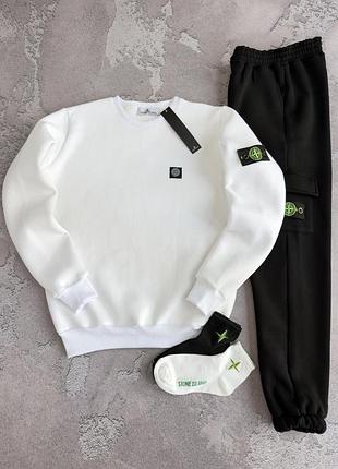 Белый свитшот stone island на флисе + черные теплые штаны стон айленд с патчем зимний костюм флис xs / s / m / l / xl / xxl / xxxl