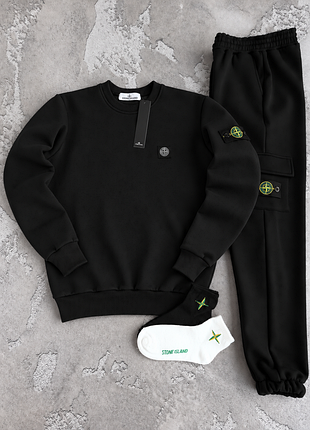 Зимний мужской костюм stone island на флисе из патчес черный свитшот теплый + штаны флис xs / s / m / l / xl / xxl / xxxl