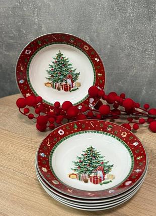 Набор новогодних суповых тарелок yiwu christmas фарфоровых 6 шт 21 см красный hp-sdhk-2