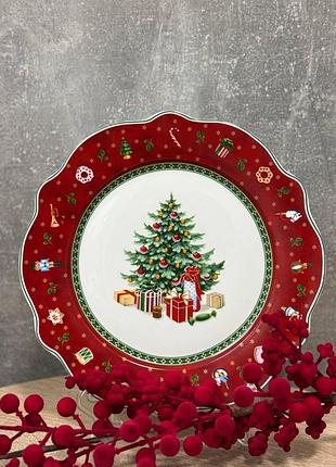 Тарелка новогодняя сервировочная yiwu christmas фарфоровая 26.5 см красный hp-sdhk-1