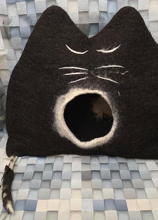 Котяча печера blacky з мордочкою з натуральної чорної овечої вовни, котяче ліжко, ідея подарунка