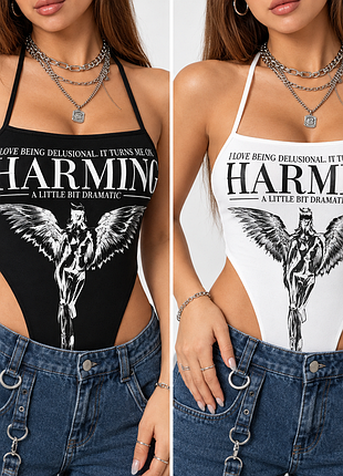 Стильный трикотажный женский боди charming с принтом «ангел» черный и белый.