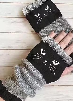 Мітенки для жінок з котиками, чорно-сірі