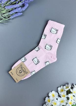 Женские высокие розовые носки в рубчик с котиком носокоф (hello kitty / хелло котти), р. 36-40 (1 пара)