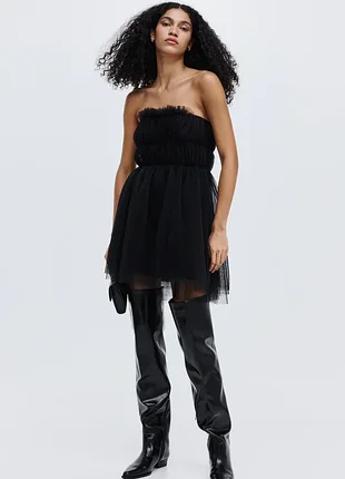 Коротке чорне плаття-бандо з фатину плісированої сітки h&amp;m