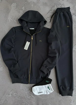 Костюм lacoste премиум зп худи с капюшоном брюки черный, синий, графитовый логотип металлический весна/лето/осень