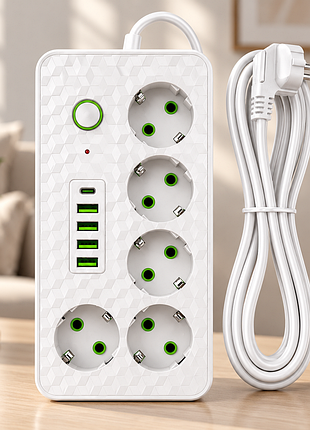 Білий мережевий фільтр на 5 розеток hg-2505 / подовжувач на 2м 4×usb+type-c чорний / фільтр мережевий 2500вт
