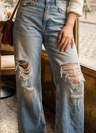 Широкі джинси bershka з високою посадкою та подертостями (wide leg / 90s baggy)