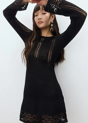 Черное вязаное ажурное мини-платье а -силуэта от h&m