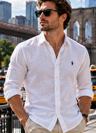 Премиальная мужская льняная рубашка polo ralph lauren custom fit 100% лен белая xs