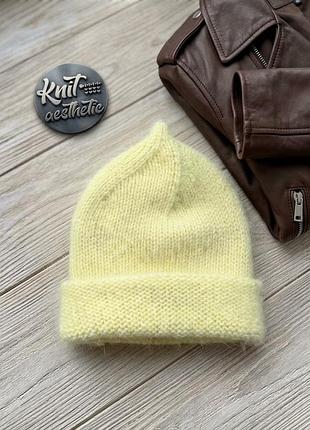 Шапка біні жіноча knit aesthetic пух норки жовта