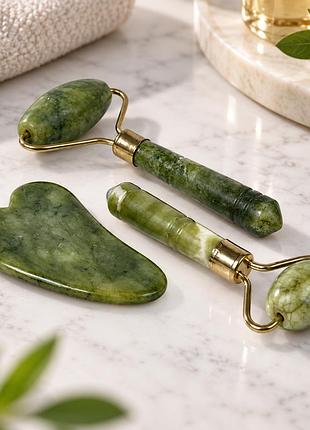 Масажний набір із натурального каменю jade roller set / ролери та скребок гуаша anti-aging