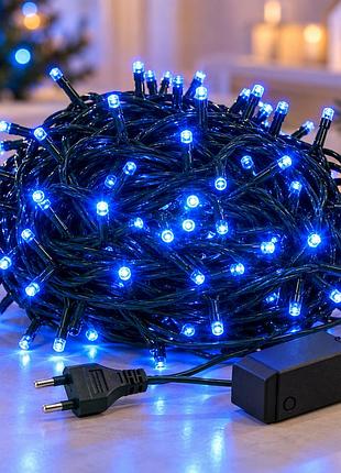 Гірлянда-нитка 380 led, синє світло / гірлянда xmas зелений провід / led-декор 220в