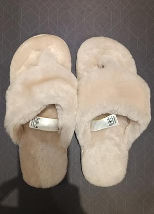 Тапочки меховые m&amp;s✨38 р.пухнистые мех тапочки жензкие тапки natural