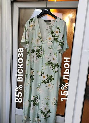 Нежное мятное льняное платье макси в цветочный принт primark, размер 46 (52) xl/xxl