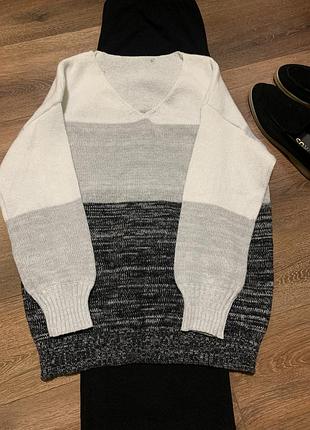 Стильний вʼязаний светр shein у стилі колор-блок розмір l🖤🩶🤍