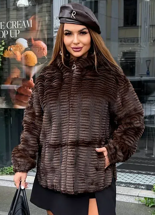 Женская утепленная куртка  шубка пальто из искусственной норки с капюшоном 46-54 av4666-7550vве