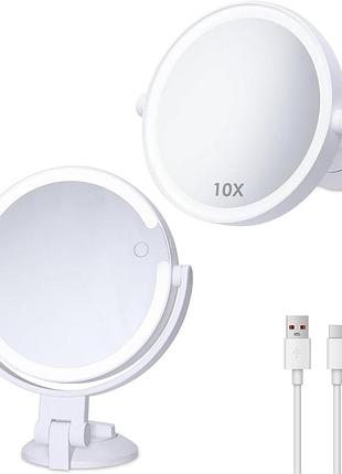 Двостороннє косметичне дзеркало з led підсвічуванням, збільшення 10x, акумуляторне, поворот 360°, на присосці, біле