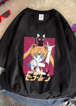 Оверсайз футболка sailor moon (сейлор мун) з аніме принтом чорна s