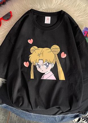 Оверсайз футболка sailor moon (сейлор мун) з аніме принтом чорна s