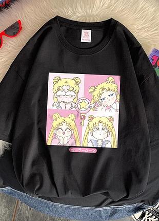 Оверсайз футболка sailor moon (сейлор мун) з аніме принтом чорна s