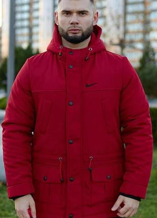 Зимняя мужская модная куртка парка nike красная на молнии с карманами для активного отдыха с утеплителем прямым кроем красный, l