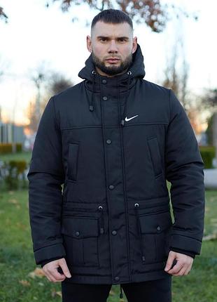 Мужская черная зимняя куртка nike повседневная с высоким горлом для города холодной погоды прямого кроя на молнии с карманами черный, l