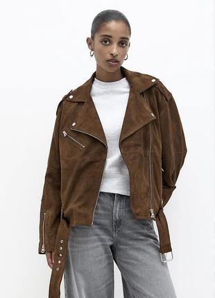 Куртка жіноча pull&bear косуха з натуральної замші коричнева