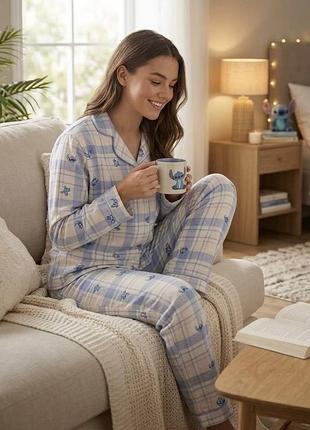 Утеплена фланелева піжама для жінок stitch, блакитна клітинка uk 12 eu 40 ua 46