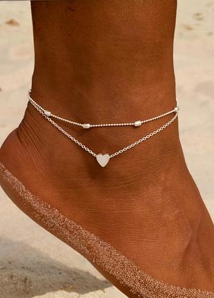 Браслет жіночий на ногу подвійний з підвіскою серце fashion jewelry сріблястий