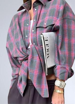 Рубашка женская oversize в клетку на кнопках g&n серая с розовым