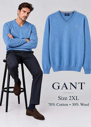 Мужской пуловер gant, хлопок и шерсть, голубой, 2xl