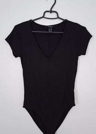 черное боди в рубчик с коротким рукавом и v-вырезом forever 21 / базовое боди (m)