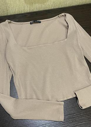 Лонгслів жіночий zara бежевий в рубчик