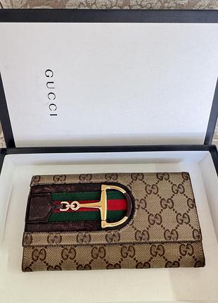 Вінтажний шкіряний гаманець gucci vintage gg canvas web horsebit continental wallet
