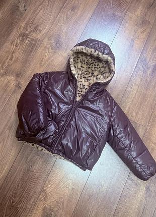 Куртка для дівчинки zara двостороння коричнева з леопардовим принтом