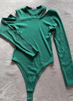 Боді жіночий зелений в рубчик з довгим рукавом